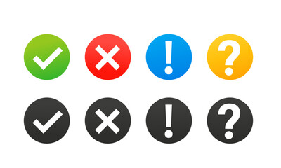 Collection round buttons with sign done, error, question mark, exclamation point. Set black and colorful badges for website and mobile apps isolated on white. Vector illustration