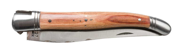 couteau fermant de poche une pièce manche bois sur fond transparent