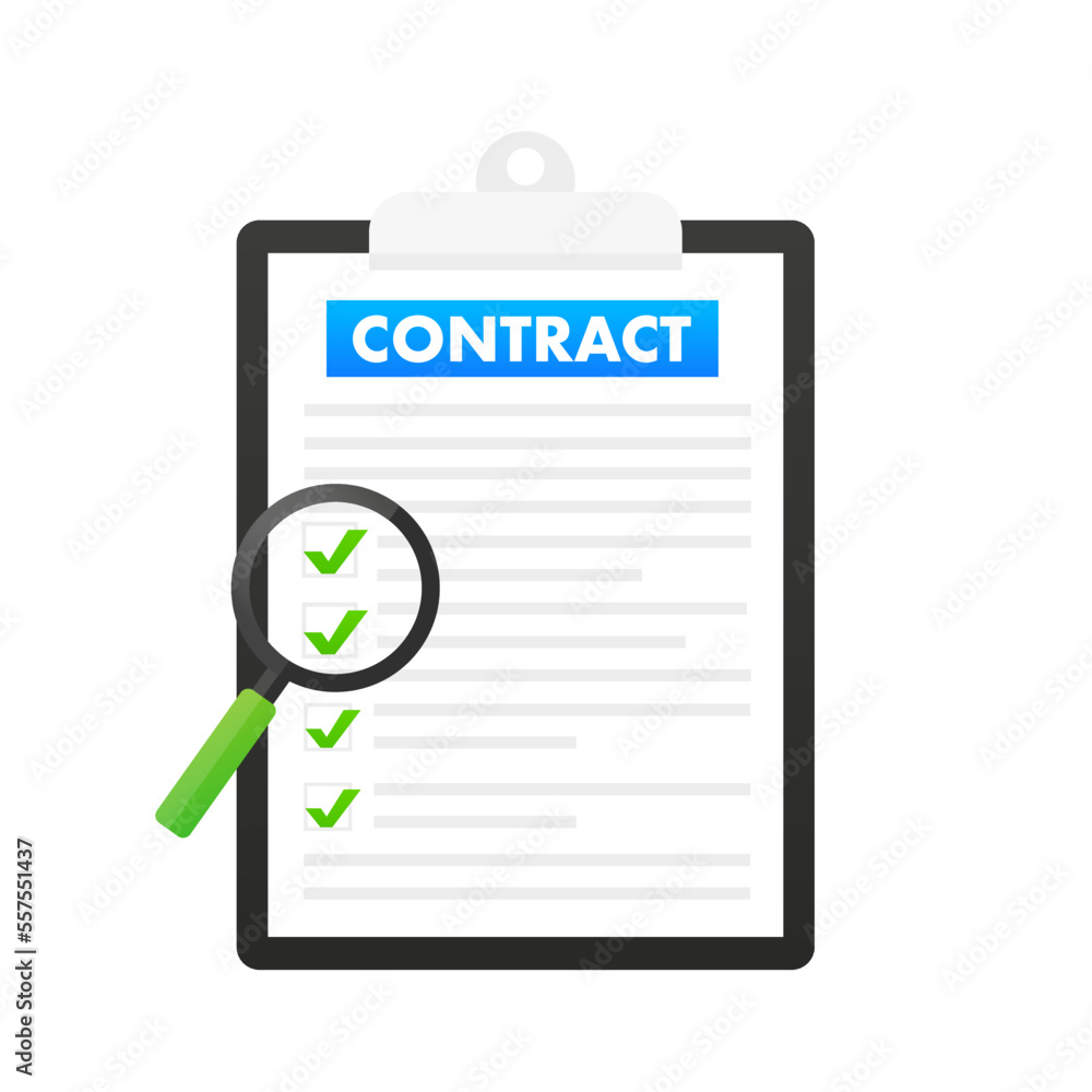 Poster a document with a checkmark and a magnifying glass.contract. agreement. folder with documents. contr