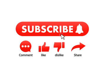 Subscription, bell button cursor.Like, comment, dislike, share. Red subscribe button for channel, blog. Background of social networks. Marketing. Vector illustration