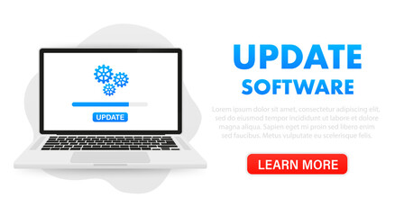 System software update and download process concept on laptop screen, flat. New software installation, operating system support. Vector illustration