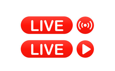 Red live buttons on a white background. Live symbol, icon, sign, label, sticker template. Concept of social networks. Vector illustration