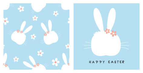 Seamless pattern with bunny rabbit and daisy flower on blue background. Easter card with bunny cartoon and hand written fonts vector.