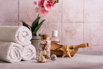 Spa concept. Cosmetic products for relax, bodycare, skincare and healthcare