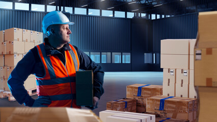 Man with box looks away. Warehouse worker inside hangar. Factory worker in orange vest. Man in...