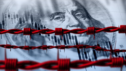 Barbed wire near Franklins portrait. Concept of arrest of financial reserves. Barbed wire symbolizes sanctions pressure. Metaphor of falling income due to arrest of financial accounts. 3d rendering.