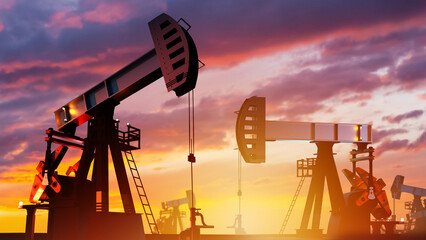 Oil pumps at sunset. Large deposits of natural resources. Pumps extract crude oil. Industrial landscape with petroleum pumps. Construction for extraction of oil from underground. 3d rendering. - obrazy, fototapety, plakaty