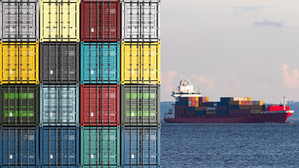 Sea logistics transportation. Container ship in ocean. Closed cargo containers in different colors. Open air container warehouse. Delivery of goods to seaport. Cargo ship leaves port. 3d image. - obrazy, fototapety, plakaty