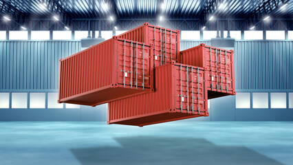Cargo containers. Hangar with closed shipping containers. Flying containers in empty industrial building. 20 foot red metal boxes. Warehouse logistics concept. Tare for freight transport. 3d image.