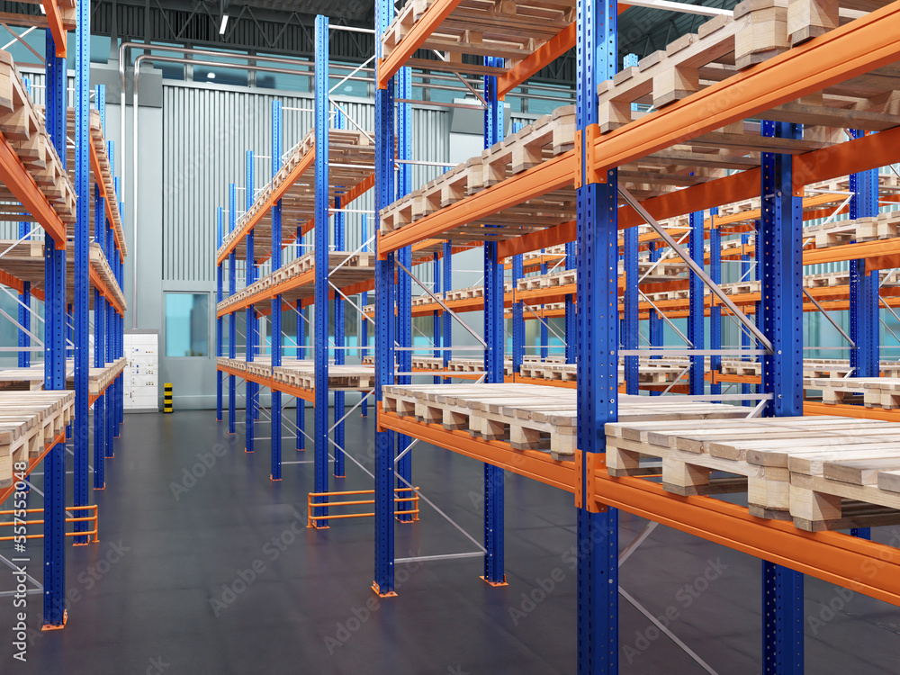 Poster distribution warehouse. empty storehouse from inside. shelving with pallets in distribution warehous