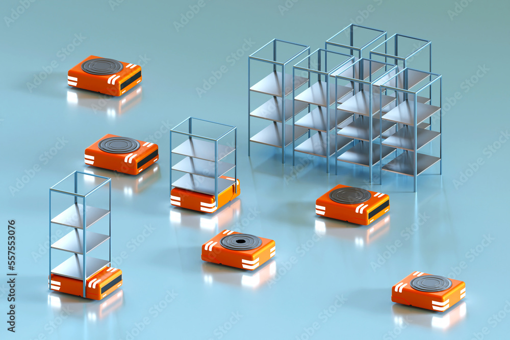 Poster automated warehouse process. robots with magnetic disks inside warehouse. automatic loaders for movi