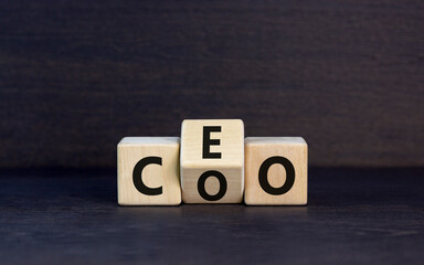 CEO or COO symbol. Concept word CEO chief executive officer or COO chieve operating officer on wooden cubes. Beautiful black table black background. Business and CEO or COO concept. Copy space. - obrazy, fototapety, plakaty
