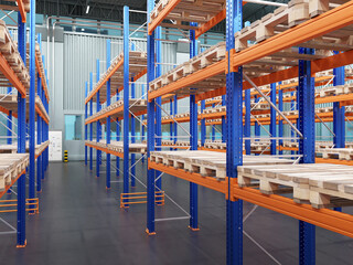 Fototapeta na wymiar Distribution warehouse. Empty storehouse from inside. Shelving with pallets in distribution warehouse. Empty shelves are metaphor for shortage of goods. Hangar with storage racks. 3d rendering.