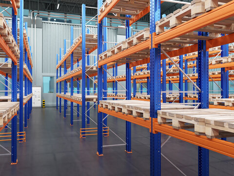 Distribution warehouse. Empty storehouse from inside. Shelving with pallets in distribution warehouse. Empty shelves are metaphor for shortage of goods. Hangar with storage racks. 3d rendering.