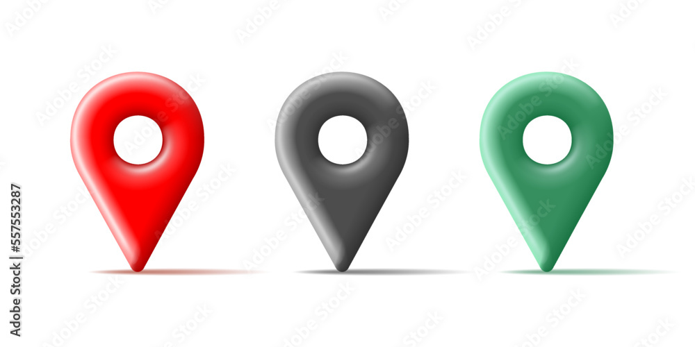 Aufkleber 3d map location pin pointer icons set in red green and black colors. isolated on a white background.