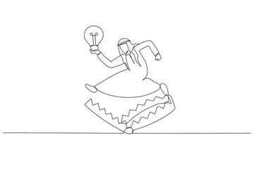 Drawing of arab man avoid trap with good business idea lightbulb. Single continuous line art