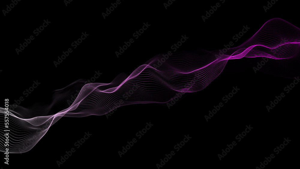 Poster Textured wave of particles. Visualization of technological connections. Molecular connection of particles in space. A wave of atoms. 3d rendering.