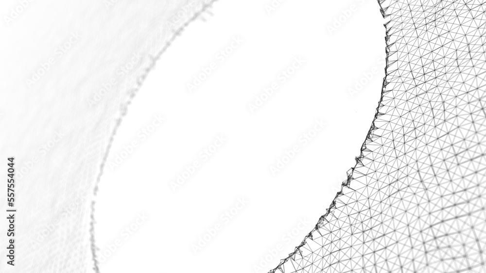 Poster Formation of a hole in particle waves. Abstract of intertwined lines and dots. Digital connection of elements. Imitation of waves. 3D visualization.