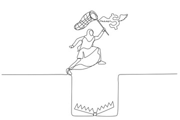 Illustration of muslim business woman try to catch flying dollar jump over hole of trap. Continuous line art
