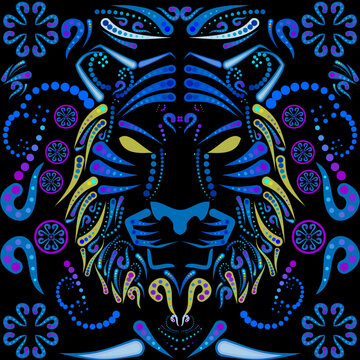 tiger head mexican huichol art illustration in vector format