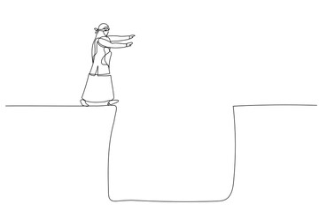 Illustration of blindfolded muslim business woman walking into deep hole concept of uncertainty in business. Continuous line art style