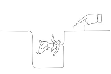 Drawing of big hand push button make muslim business woman dropped concept of layoff failure. One continuous line art style
