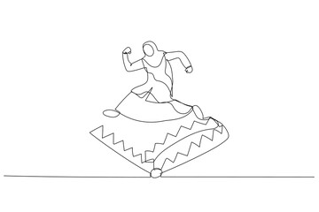 Drawing of muslim business woman jump over trap metaphor of avoid scam business project. One line art style