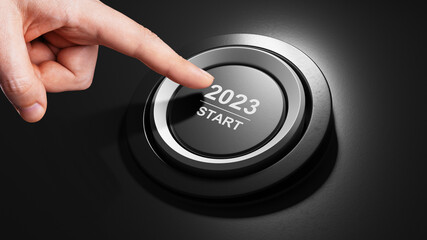 Start 2023. Happy New Year button. 3D illustration
