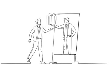 Cartoon of businessman giving reward to self when achieving goal celebrate victory. One line style art
