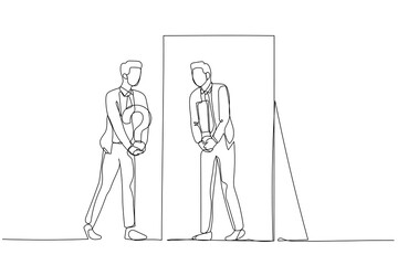 Drawing of businessman asking self and get answer after contemplating. Single continuous line art