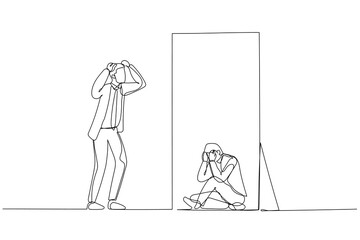 Drawing of businessman panic look into mirror seeing depressed self. Single continuous line art style