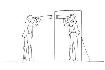 Cartoon of businessman holding telescope looking into self in mirror. One line style art