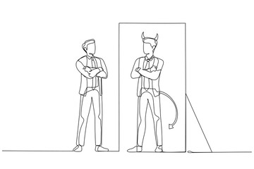 Cartoon of businessman looking into inner demon devil concept of double personality. One continuous line art style
