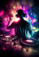 Fototapeta na wymiar DJ at a party nightclub, music players and lights, Ai Generative