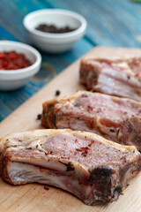 Fresh pork with ingredients for cooking on blue background