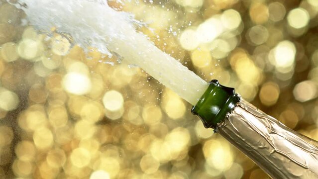 Super slow motion of Champagne explosion with flying cork closure, gold colors, opening champagne bottle closeup.