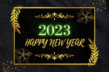 2023 Happy New Year Background Design with golden border designs . Greeting Card, Banner, Poster.  Illustration.