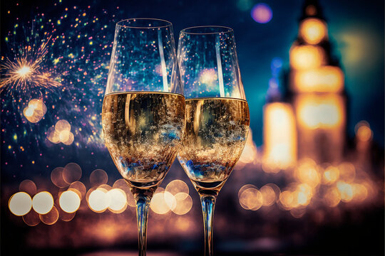 Champagne glasses and celebration, blurred background with bokeh