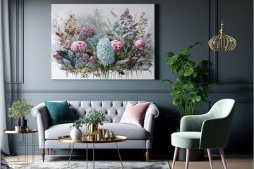 Modern interior design, in a spacious room, next to a table with flowers against a gray wall. Bright, spacious room with a comfortable sofa, plants and elegant accessories. Generative AI