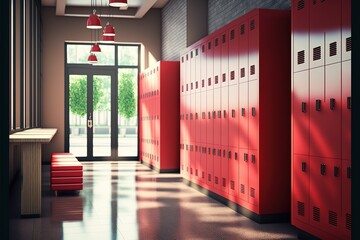 High school lobby with red shiny lockers. Fitness Gym. Concept of studying and getting knowledge. Generative AI