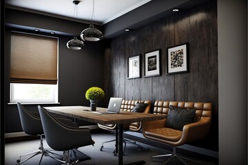 modern meeting room wood table laptop chair and grey sofa in the decorative brown wall. Generative AI