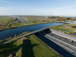 The Aqueduct Vechtzicht near Muiden, A1 motrway highway, dutch infrastructure. Widest aqueduct in...