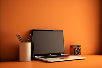 Laptop computer on desk in office in front of an orange wall. Generative AI