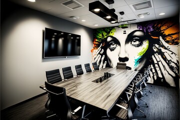 Meeting room with big table and projector. Generative AI