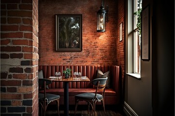 Red brick wall in new industrial style restaurant. Generative AI