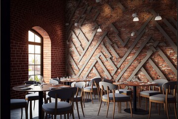Red brick wall in new industrial style restaurant. Generative AI