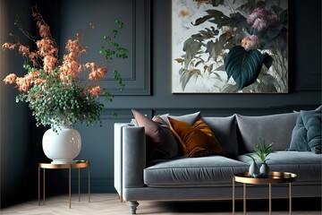 Modern interior design, in a spacious room, next to a table with flowers against a gray wall. Bright, spacious room with a comfortable sofa, plants and elegant accessories. Generative AI