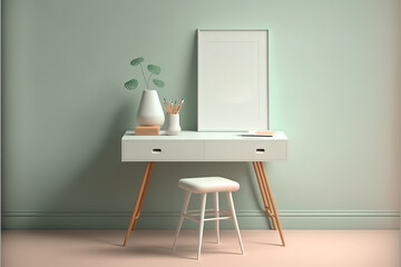 Scandinavian Work Desk with Stool and Small Frame Mockup on Desktop. Pastel Colors and Minimal Shapes with Empty Frame Mockup is the Best for Art, Print and Wallpaper Mockup. Generative AI