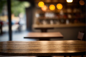 Obraz na płótnie Canvas Selected focus empty brown wooden table and Coffee shop or restaurent blur background with bokeh image. for your photomontage or product display. Generative AI