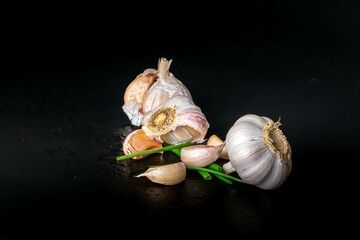 Organic garlic whole and cloves on the black background. close up images with water.